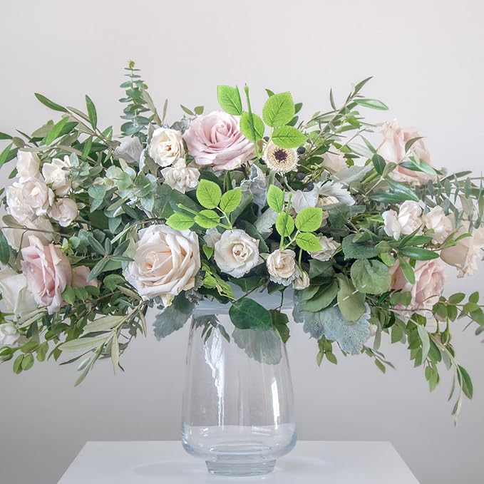 Veemoon 30pcs Floral Wire Stem with Leaves Artificial Plastic Rose Floral Wire Stems DIY Craft Bouquet Making Floral Arrangement Tools for Wedding Bouquet Centerpiece Home Decor