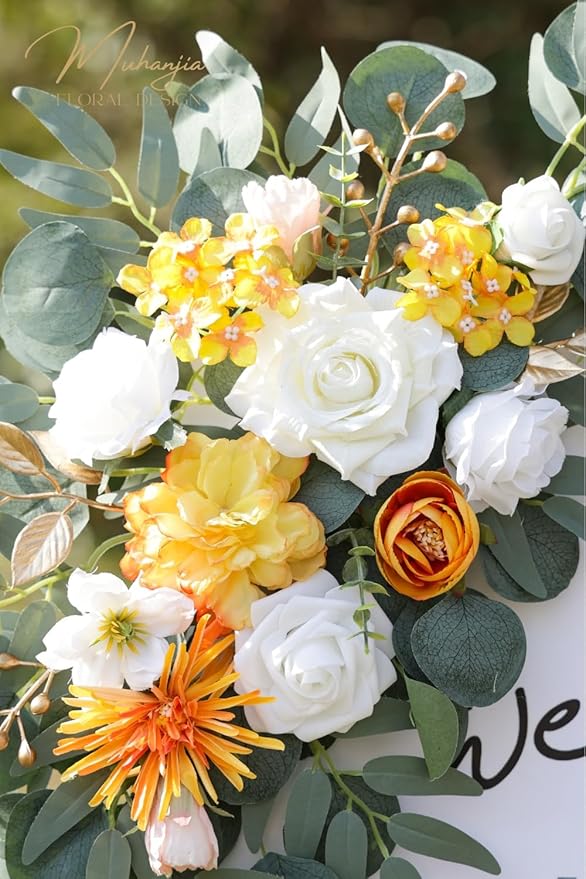 Wedding Sign Faux Flower Swag (Pack of 2) for Ceremony Party Reception Entrance Floral Decor Wall Easel Stand for Wedding Poster Welcome Sign (Bright Yellow)