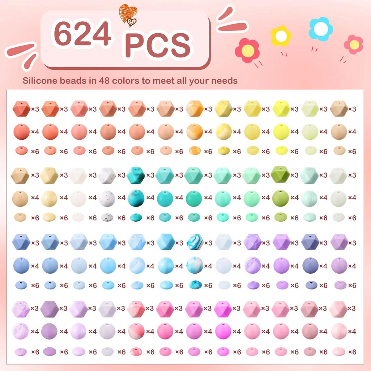 hotop 624 pcs silicone beads, 48 colors for shown in use