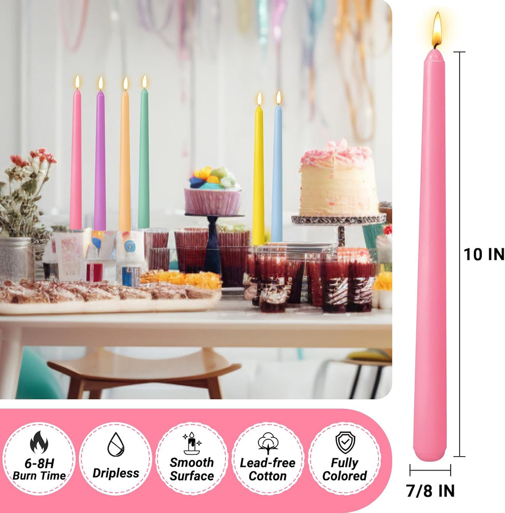 12 Pack 10 inch Multi-Color Taper Candle Set for Holiday Dinner Party, Unscented Long Candlesticks, Dripless and Smokeless, 7-8 Hours Burn