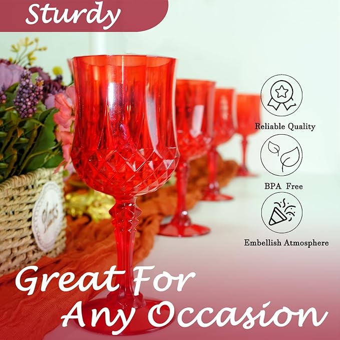 Plastic Wine Glasses，Plastic Goblets Vintage Style Cordial Drinking Glasses for Wedding Reception, Christmas Grand Event Party Supplies (24, Red)