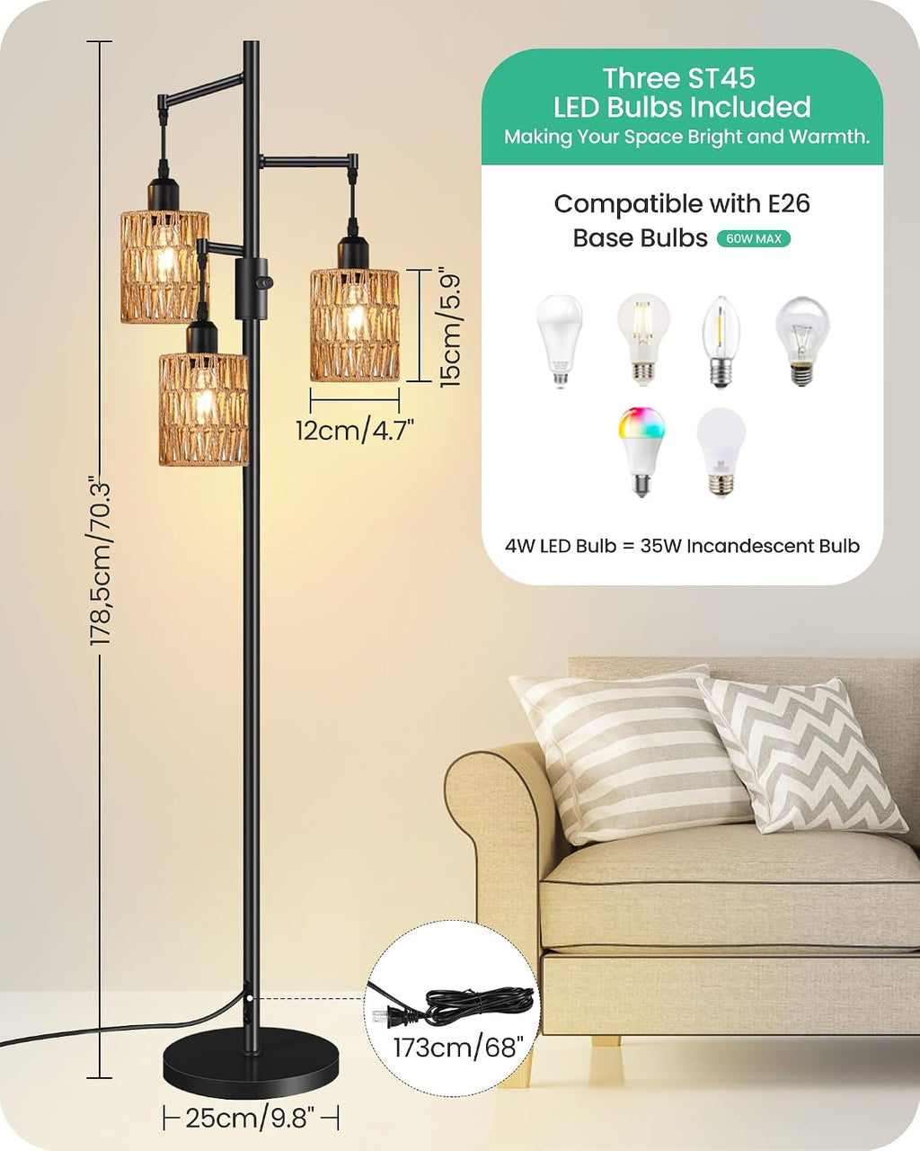 dimmable floor lamp, farmhouse tall standing 70.3" tree shown in use