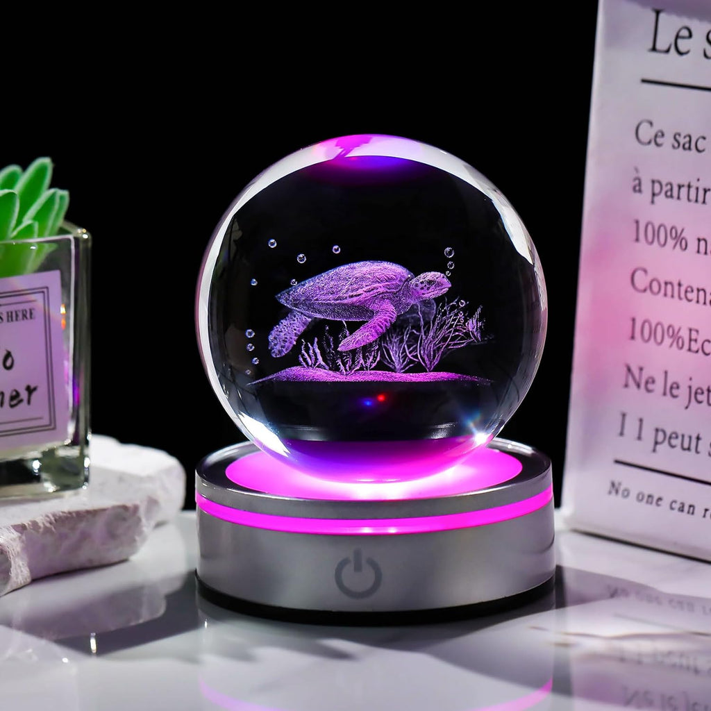 Movdyka Sea Turtle Gifts for Women Men 3D Sea Turtle Decor Statue | Turtle Crystal Ball Night Light Laser Engraved Sea Turtle Ornament Figurine Glass Snow Globe Room Decorations Crafts
