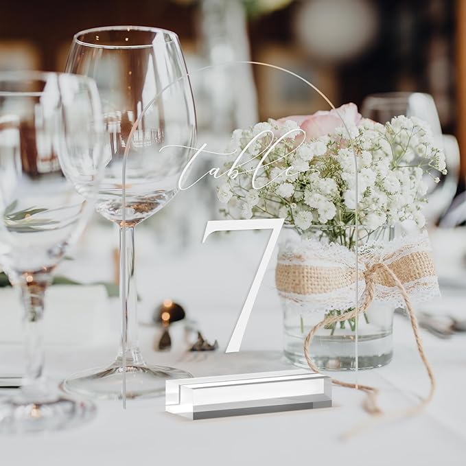 JINMURY Clear Arch Table Numbers for Wedding, 5x7 Inch Arched Acrylic Table Numbers 1-25 with Stands, Clear Acrylic Arch Sign with Holder for Centerpiece, Reception, Wedding, Party, Event
