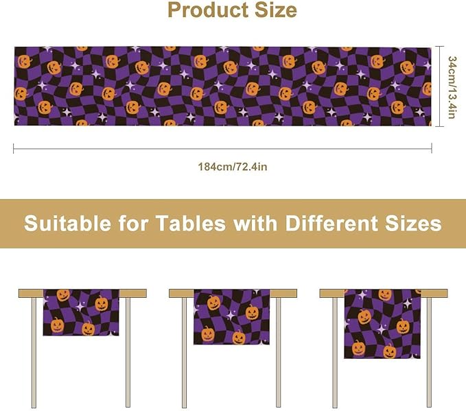 Halloween Table Runner,Purple Checkered Pumpkin Table Runner for Kitchen Dining Table Decoration Home Party Decor 13x36 Inch