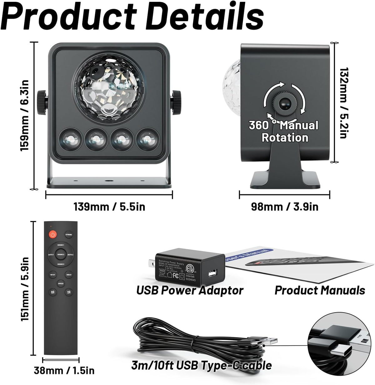 Disco Ball Party Lights Disco Light Sunset Lamp Projector with RGB+UV+White+Y...