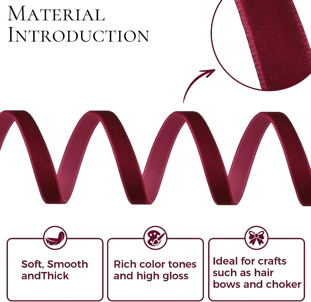 VATIN Valentine's Day Burgundy Velvet Ribbon, 3/8 Inch x 15 Yards,Single Sided Nylon Velvet for Christmas Gift Wrapping, Flower Bouquet, Tree Bows, DIY Holiday Decor