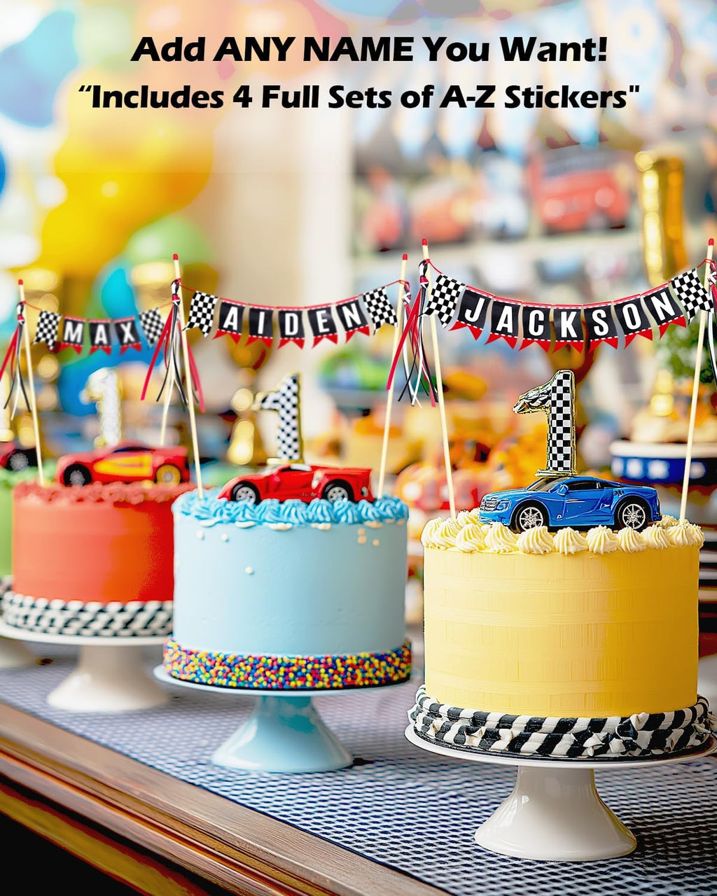Race Car Cake Topper, Custom Name Race Car Birthday Cake Decorations, Race Car Party Decorations Checkered Flag Cake Banner