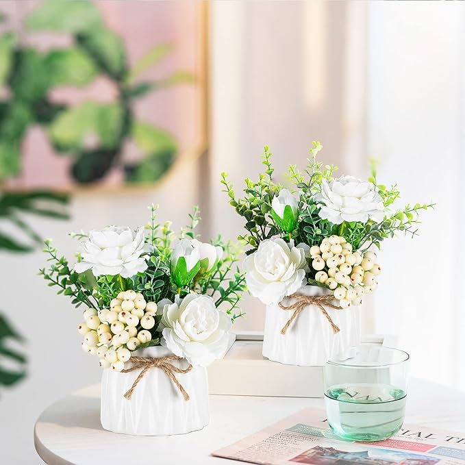 BLOSMON Table Decor Artificial Flowers Vase 7 Inch Small Fake Flower White Arrangement 2pcs Floral Arrangement for Tables Centerpieces Kitchen Dining Room Decorations Faux Flower in Vase Silk Roses