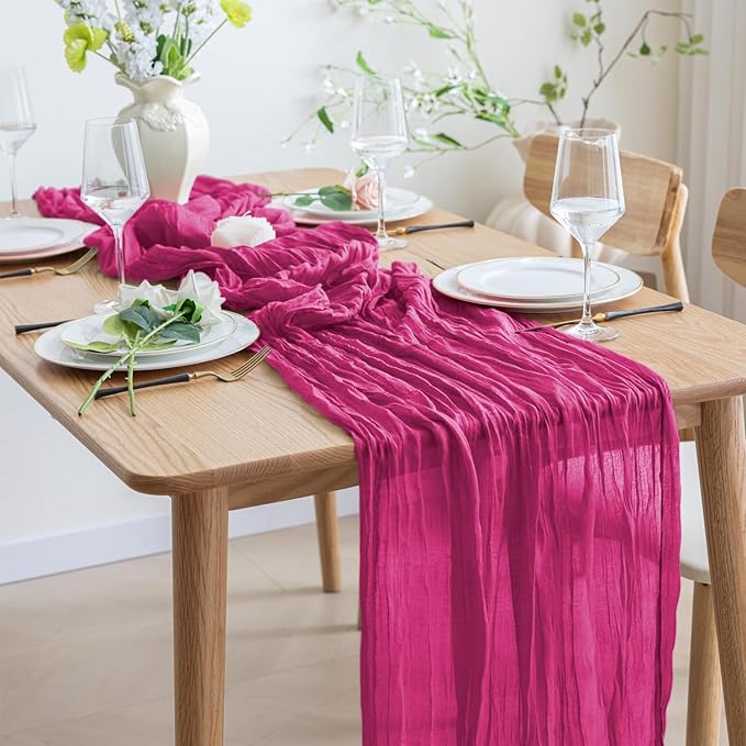 Asee'm Cheesecloth Table Runner 120 Inches Long Fuchsia Boho Gauze Cheese Cloth Runner 10FT Rustic Sheer Fall Table Runners for Thanksgiving Wedding Party Baby Shower Decoration