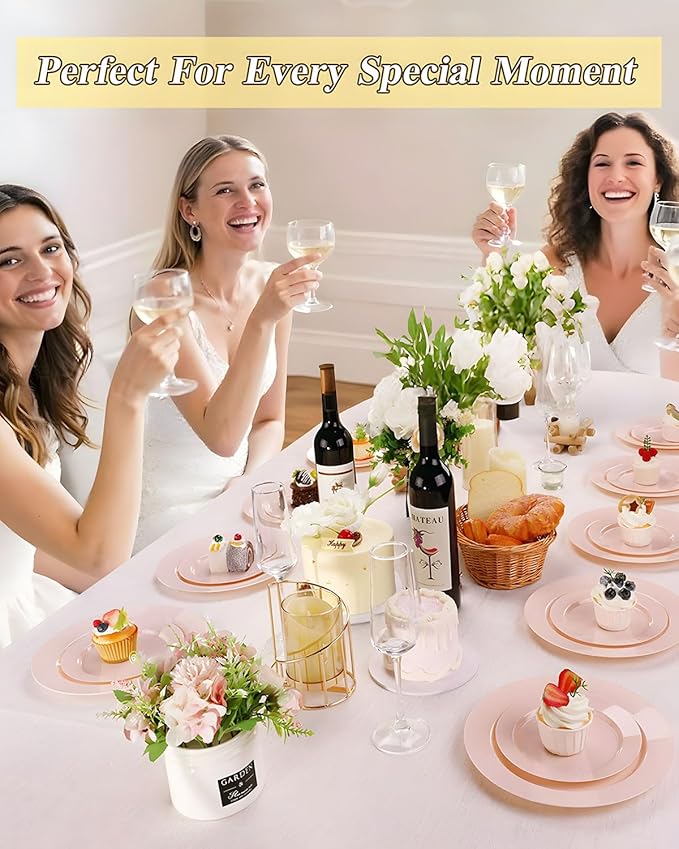 200PCS Pink Plastic Plates Set, 100 10.25 inch Dinner Plates and 100 7.5 inch Dessert Plates, Premium Disposable Plates for Party, Wedding