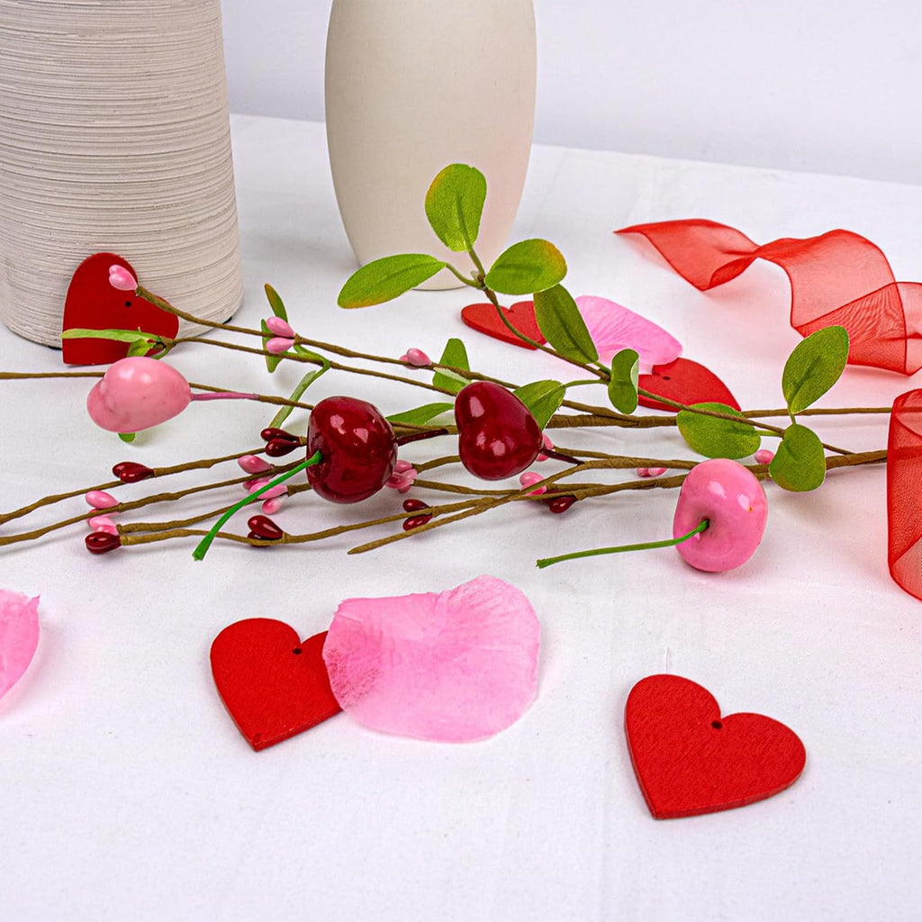 Yawwind 12 PCs Valentine Table Centerpieces 17 Inches Valentines Picks Valentines Day Floral Stems Romantic Heart Flower Picks with Cherry for Gift Vase Table Centerpiece Wedding Indoor Decor