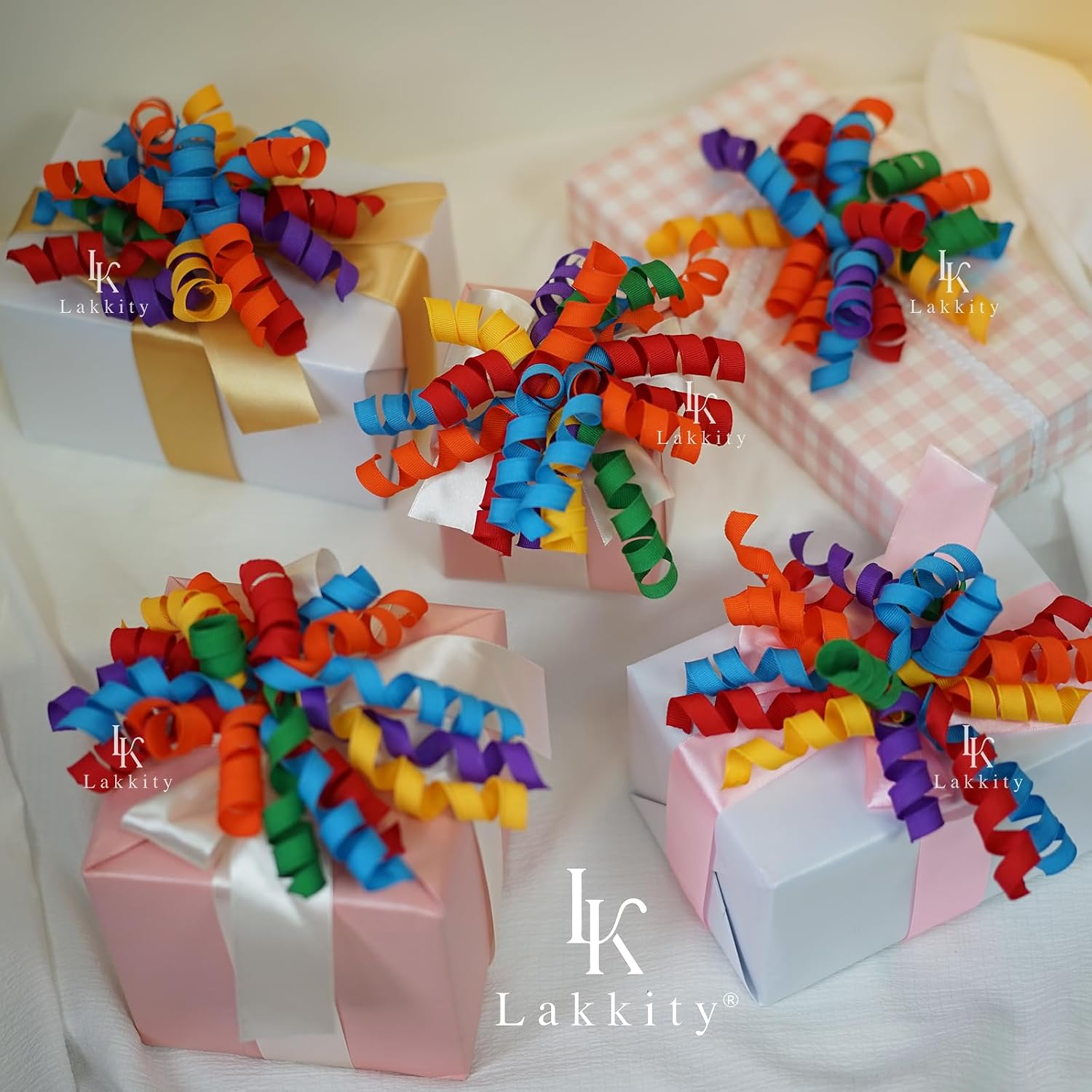 Lakkity Deep Rainbow Bows For Gift Wrapping,Curly Gift Bows,8PCS,7 inch Self-Adhesive Curly Ribbon Bows for Presents, Birthday, Wedding, Wrapping Accessories, Party Favors Decorations