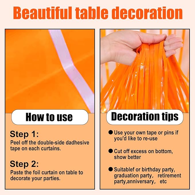 3 Pack 29 x108 Inch Macaron Orange Foil Fringe Table Skirts Metallic Banner for Tinsel Streamer Garland Backdrop for Parade Floats Wedding Thanksgiving Birthday Christmas New Year Party Decoration