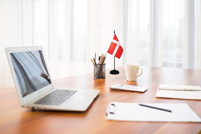 Denmark Danish Dane Deluxe Desk Flag Set Small Mini Miniature Denmark Danish Table Desktop Flags With Solid Pole, Black Base and Spear Top(2 Pack)
