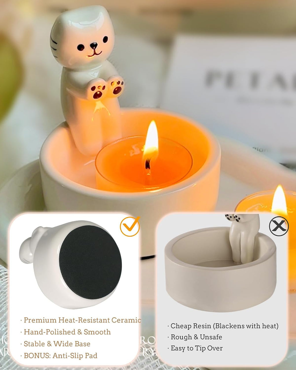 Cat Candle Holder with 4 Scented Tealight Candles & Free Keychain, Cute Ceramic Kitten Candlestick, Cartoon Cat Paw Candle Decor, Cat Lover Gift for Women, Home Aromatherapy Set