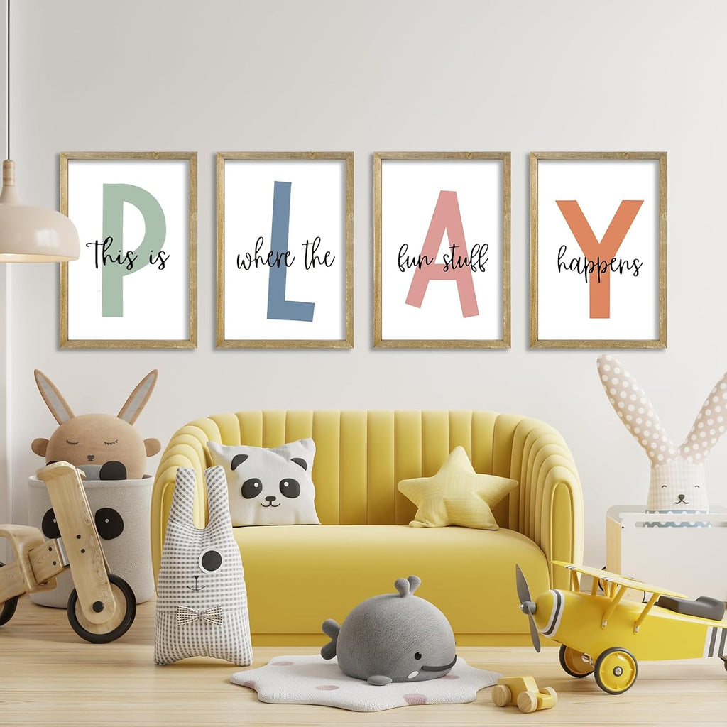 This Is Where The Fun Stuff Happens Kids Playroom Wall Art Decor 16x11 Inch Set Of 4 Rustic Kids Wood Framed Sign Toddler Modren Nursery Interesting Let's Play Prints Wall Hanging (Wood)