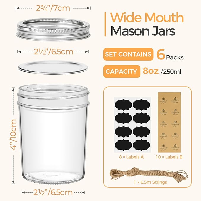 ComSaf Small Mason Jars 8 oz - 6 Pack, Regular Mouth Mason Jar with Lids and Seal Bands, Small Glass Canning Jar for Spice, Jam, Honey, Jelly, Dessert, Shower Wedding Favors, DIY Candles Decor