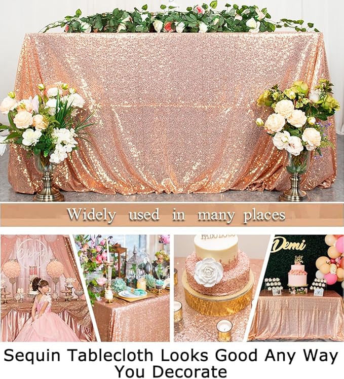 ShinyBeauty Rose Gold Table Cloths for Party 2 Packs, 72X72 Inch Sequin Tablecloths Square Glitter Table Cloth Overlay Rose Golden Tablecloths Rectangular for Wedding, Birthday Tables