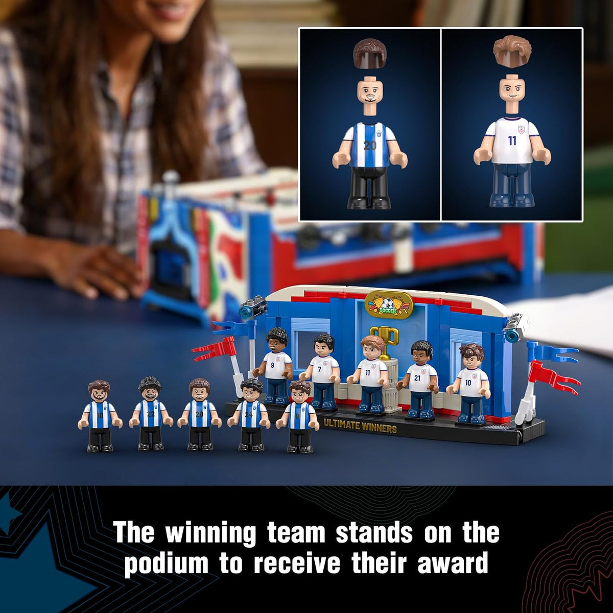 soccer mini foosball table game building block set showing dimensions
