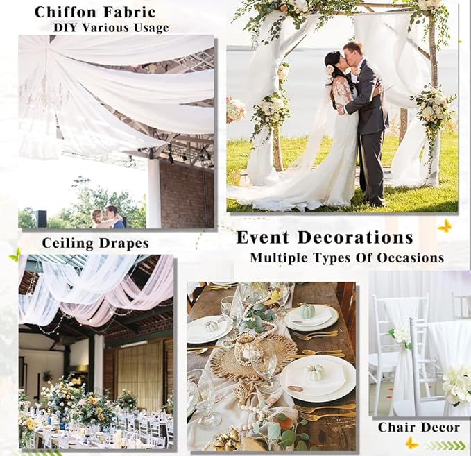 DUOBAO White Wedding Chiffon Ceiling 5x20FT Long Sheer Draping Fabric Photography Backdrops Soft Drapes Curtains for Weddings Arches Christmas Indoor Events, W 5' x L 20'-6 Panels, Snow