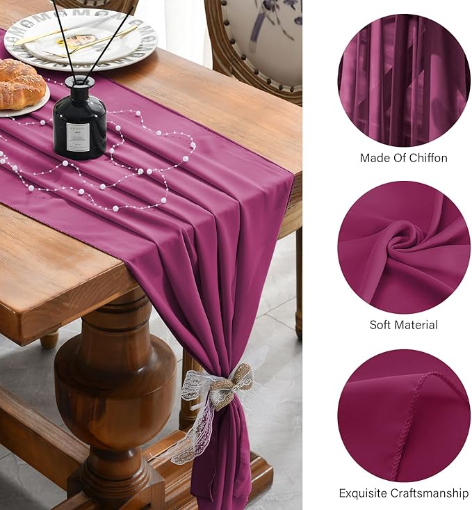 2 Pack 10 Ft Chiffon Table Runner Fuchsia Gauze Long Table Runners 27x120 Inches Sheer Tulle Table Runner for Rustic Wedding Reception Bridal Shower Decorations Birthday Party