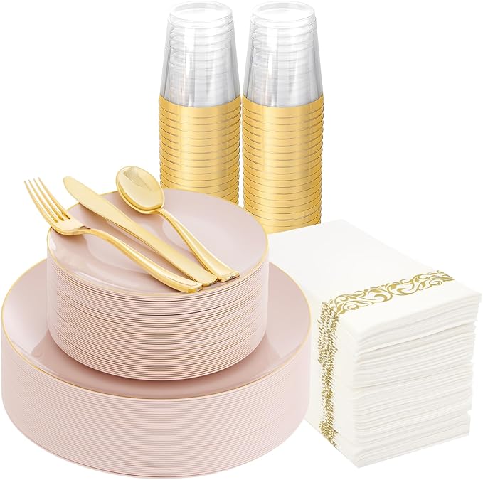 Supernal 350pcs Pink Plastic Plates,Plates Disposable Heavy Duty,Pink Disposable Plastic Dinnerware Set Include 50 Dinner Plate,50 Dessert Plate,50 Gold Cutlery,50 Cups&50 Napkins for Party&Wedding