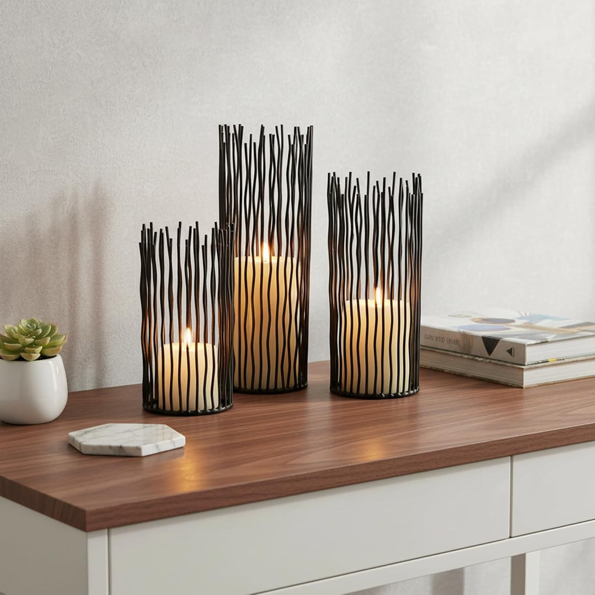 Metal Candle Holders for Pillar Candles - Black Wire Candle Holder Set of 3
