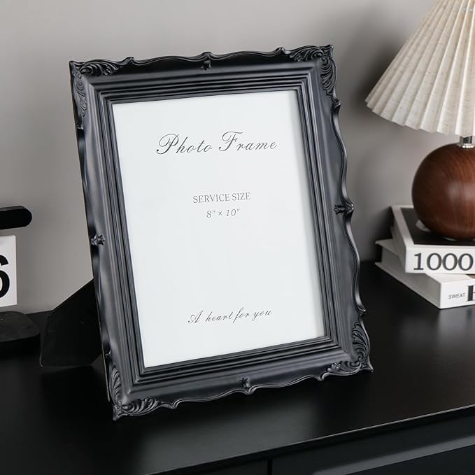 Cuspin 8x10 Picture Frame Black, Vintage Handmade Resin Frame with Carved Texture & Glass Front, Antique Retro Design for Tabletop Display or Wall Hanging, Black Photo Frames Home Decor