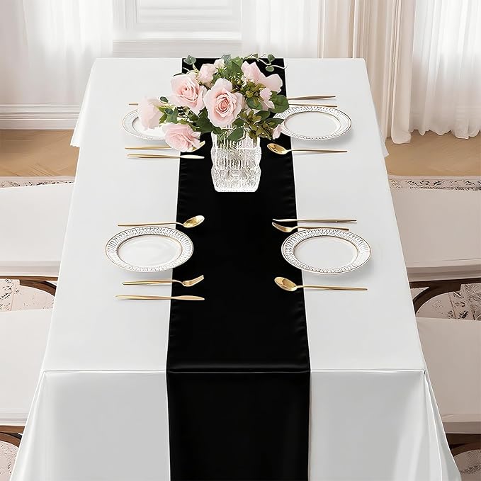 SHEJIZE 10 Pack Black Satin Table Runner 12x108 Inches Long, Bright Silky Smooth Satin Table Runner Table Decor for Wedding Banquet Christmas Prom Event Birthday Party