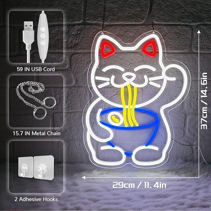 Lucky Cat Ramen Neon Sign,Neon Signs for Wall Decor,Dimmable USB Led Cat Sign,Neon Lights for Bedroom,Japanese Lucky Cat Noodle Led Neon Signs,Gift for Ramen Lovers,Anime Fans & Foodies