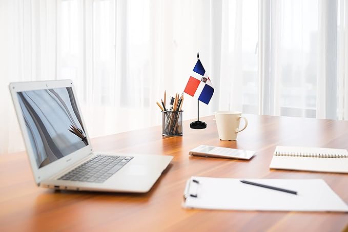Dominica Dominican Deluxe Desk Flag Set Small Mini Miniature Dominica Dominican Table Desktop Flags With Solid Pole, Black Base and Spear Top(2 Pack)