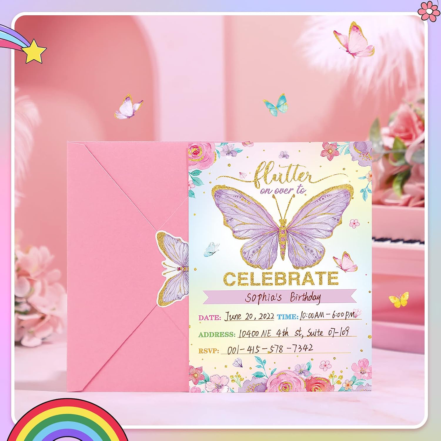 Sepamoon 24 Sets Butterfly Birthday Invitations Girl with Envelopes and Stickers, Baby Shower Invitations for Girl, Butterfly Birthday Party Invitation Cards for Children Party Supplies Favors(Purple)