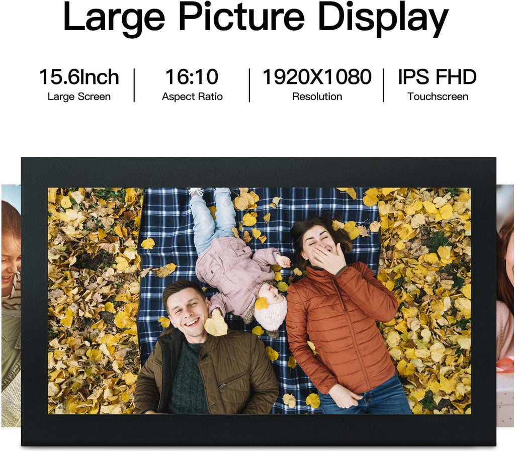 glusine digital photo frame with 15.6 inch touch shown in use