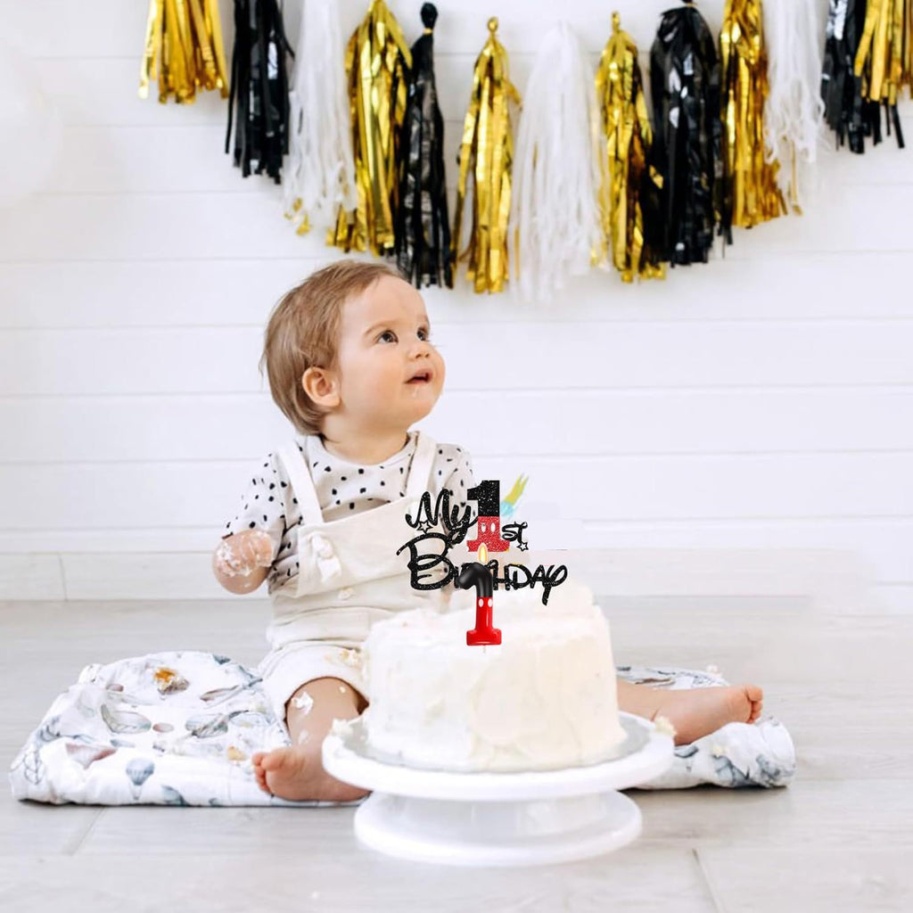 1st Birthday Cake Decorations for Boys, One Year Old Birthday Numeral 1 Cake Candles and Glitter Cartoon Black Red Cake Toppers Set for Birthday Party Supplies (Number 1, Red)