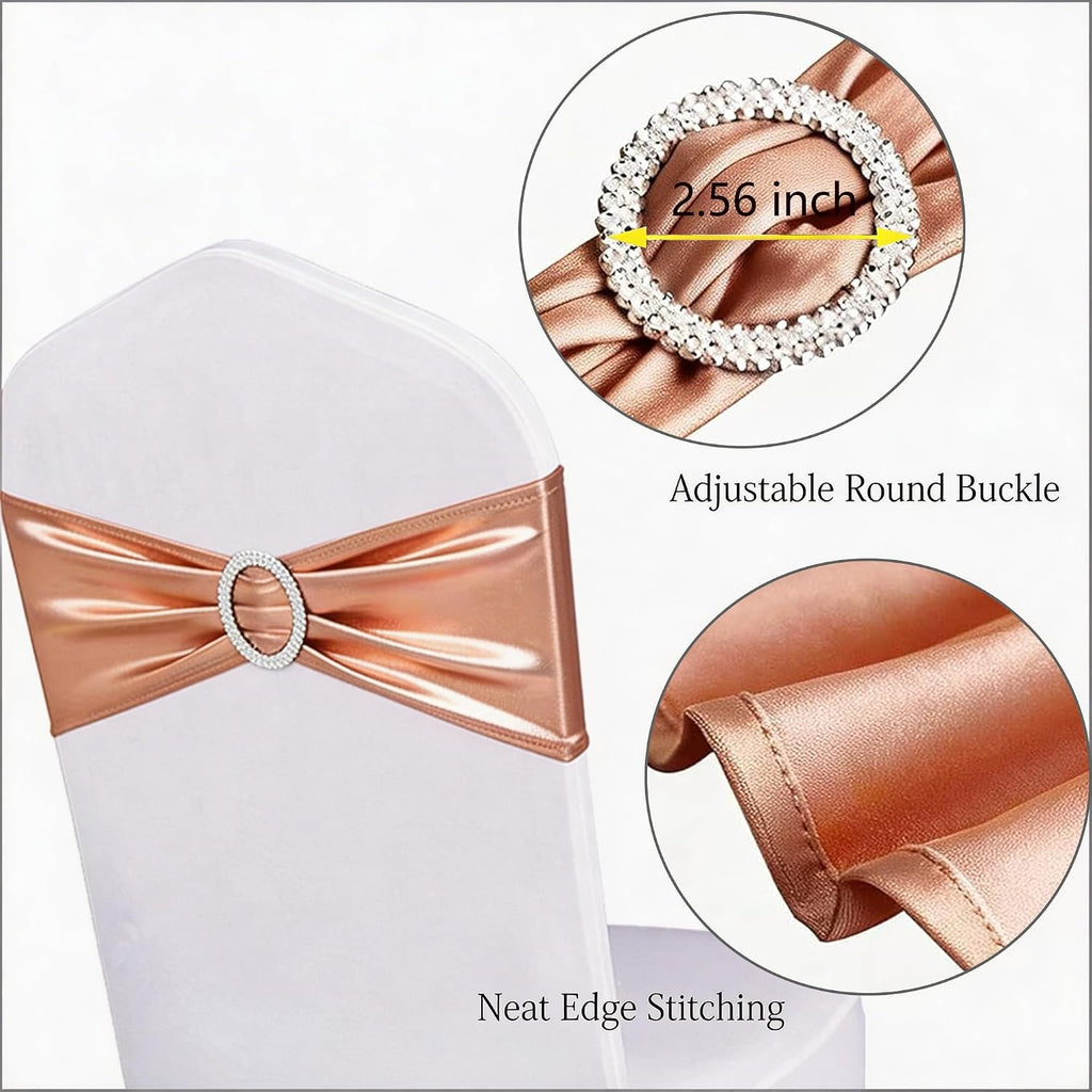 Spandex Rose Gold Chair Sashes Bows 100 Pack Pink Gold Chair Bands with Buckle for Wedding Birthday Party Bridal Shower Anniversary Engagement Events Decorations