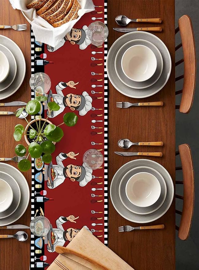 Red Chef Gourmet Cotton Linen Table Runner for Dining Kitchen, Wedding Outdoor Party Tablerunners Decoration, Black White Check Plaid Funny Kitchen Dresser Scarf Coffee Tablecloth Runners 13x48 Inches