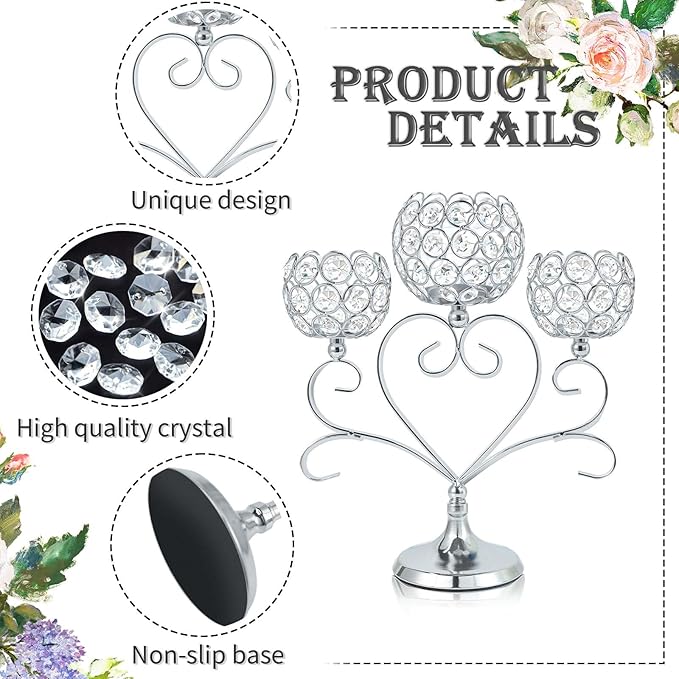 2 Pcs 3-Arm Heart Tea Light Candle Holder - Crystal & Metal Wedding Centerpiece Decor, Sparkling Table Decor for Anniversaries/Romantic Tabletop Home/Dinner Party/Events (2, Silver)