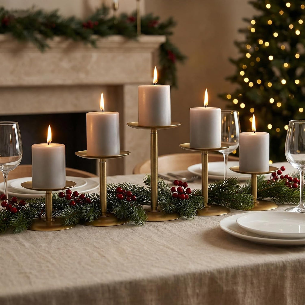 Homemory Christmas Metal Fall Candle Holders Stands for Pillar Candles Set of 5, Candleholder Sets for Table Centerpiece Fireplace (5, Gold)