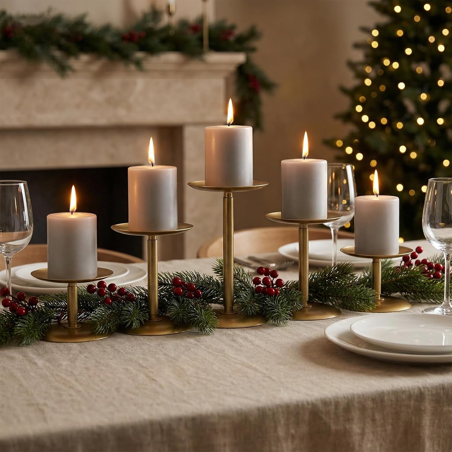 Homemory Christmas Metal Fall Candle Holders Stands for Pillar Candles Set of 5, Candleholder Sets for Table Centerpiece Fireplace (5, Gold)
