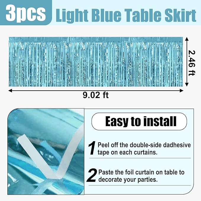 3 Pack 29x108 Inch Light Blue Foil Fringe Table Skirts Metallic Banner for Tinsel Streamer Garland Backdrop for Parade Floats Wedding Thanksgiving Birthday Christmas Halloween Party Decoration