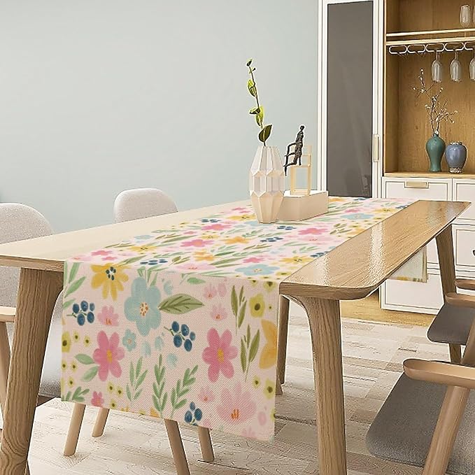 Floral Table Runner, Boho Style Watercolor Flower Green Leaf Plant Rectangle Table Decoration for Dining, Party, Holiday,13in（33cm） W * 108in（274cm） L