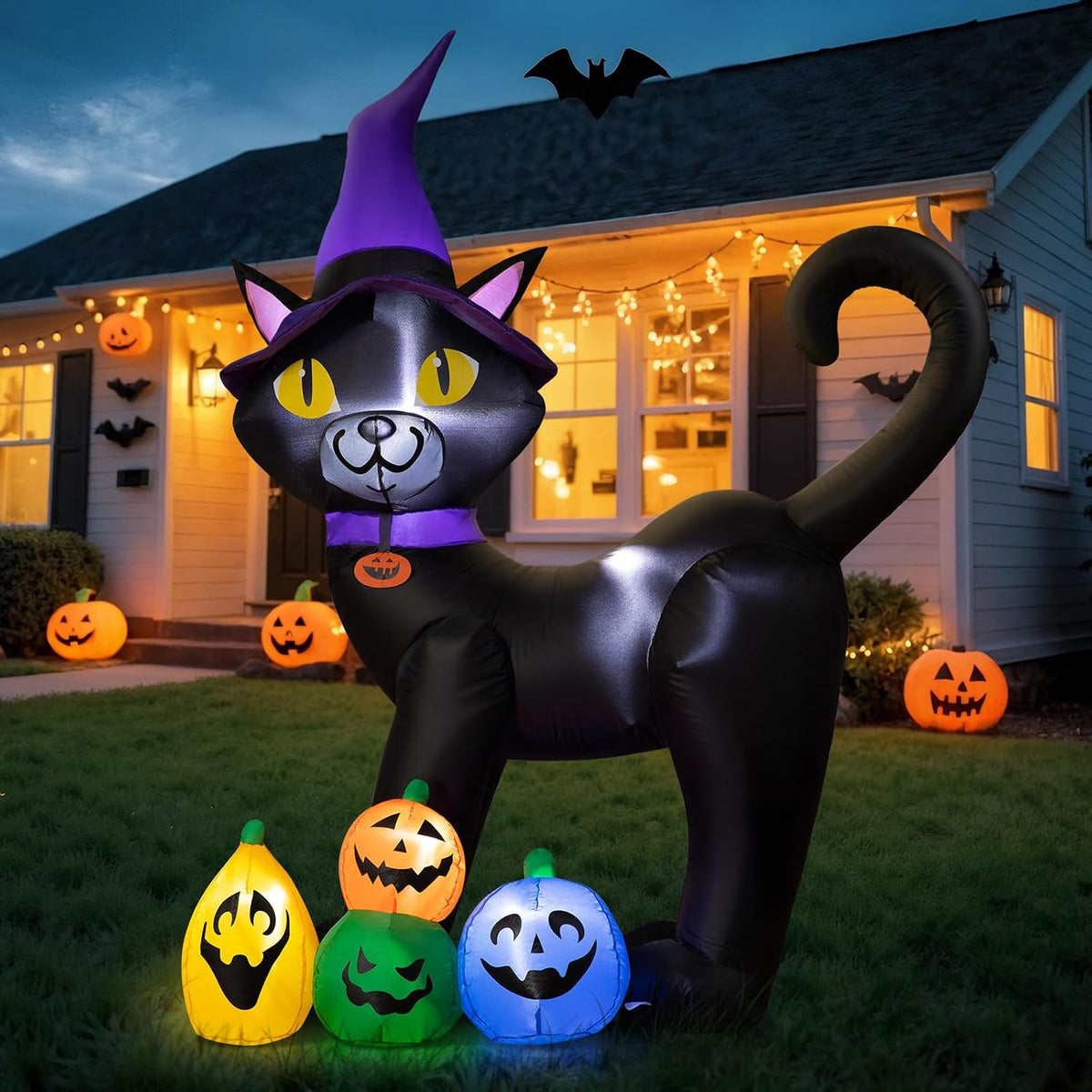 6FT Halloween Inflatable Black Cat with Witch Hat and 4 Colorful Pumpkins, Cu...