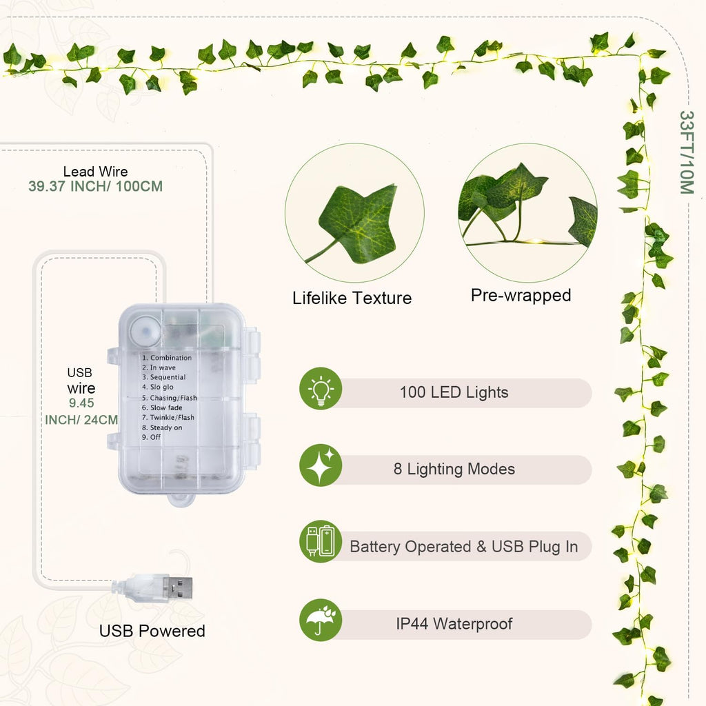 JMEXSUSS 100 LED Vines with Fairy Lights USB/Battery Operated, 33 FT Ivy Vine Lights with Remote, Fake Leaf String Lights for Bedroom Classroom Wall Dorm Garden Wedding Decor (Warm White)