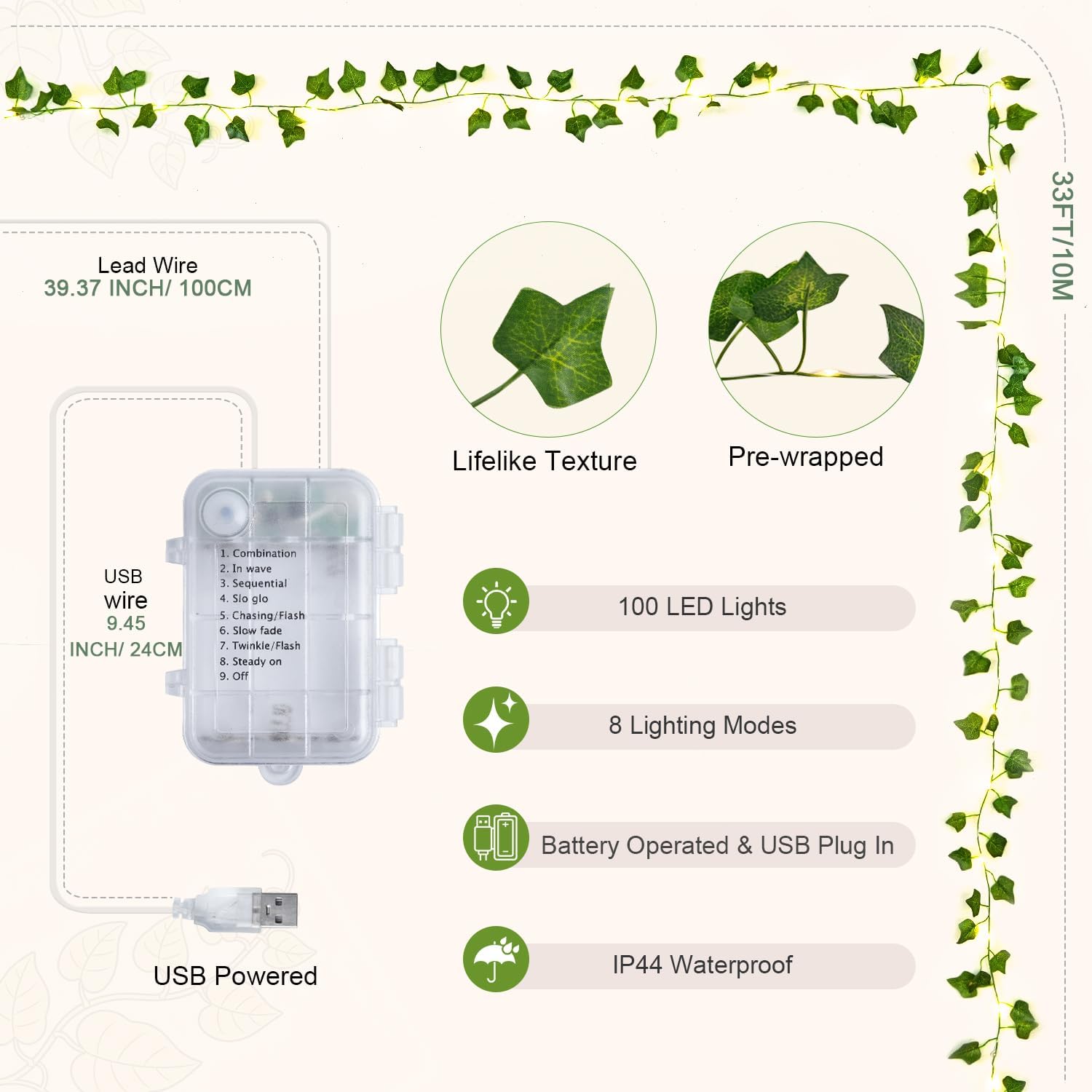 JMEXSUSS 100 LED Vines with Fairy Lights USB/Battery Operated, 33 FT Ivy Vine Lights with Remote, Fake Leaf String Lights for Bedroom Classroom Wall Dorm Garden Wedding Decor (Warm White)