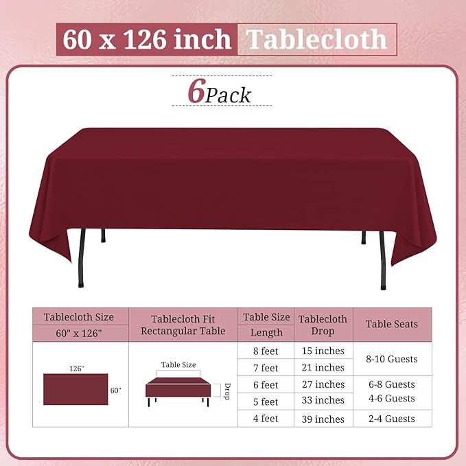 6 Pack Burgundy Tablecloths for 8ft Rectangle Tables 60 x 126 Inch - Polyester Table Cover Stain and Wrinkle Resistant Washable Fabric Table Clothes for Wedding Party Banquet Reception Restaurant