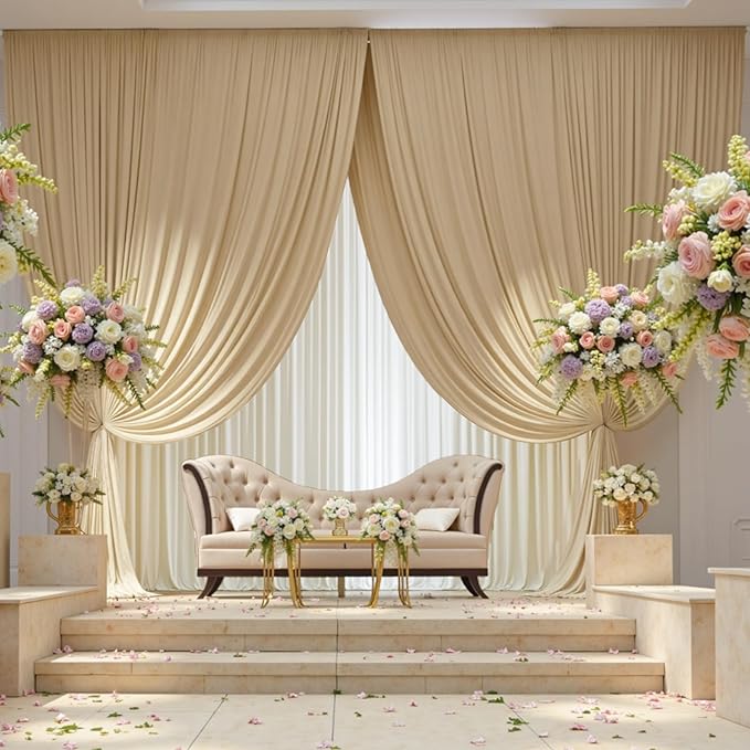 50×12 ft Wrinkle Free Beige Backdrop Curtain for Weddings Parties, 10 Panels 12ft Silky Polyester Wedding Drapes Backdrop Photo Back Drop Cloth for Birthday Baby Shower Photography Backgrounds