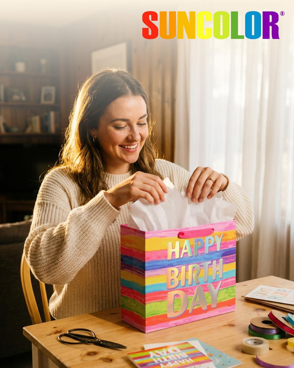 SUNCOLOR Large Happy Birthday Gift Bag with Tissue Paper & Card, 13 x 10.2 x 4.7 Inches Premium Paper Bag for Birthday, Kids', Women's & Mother's Gifts
