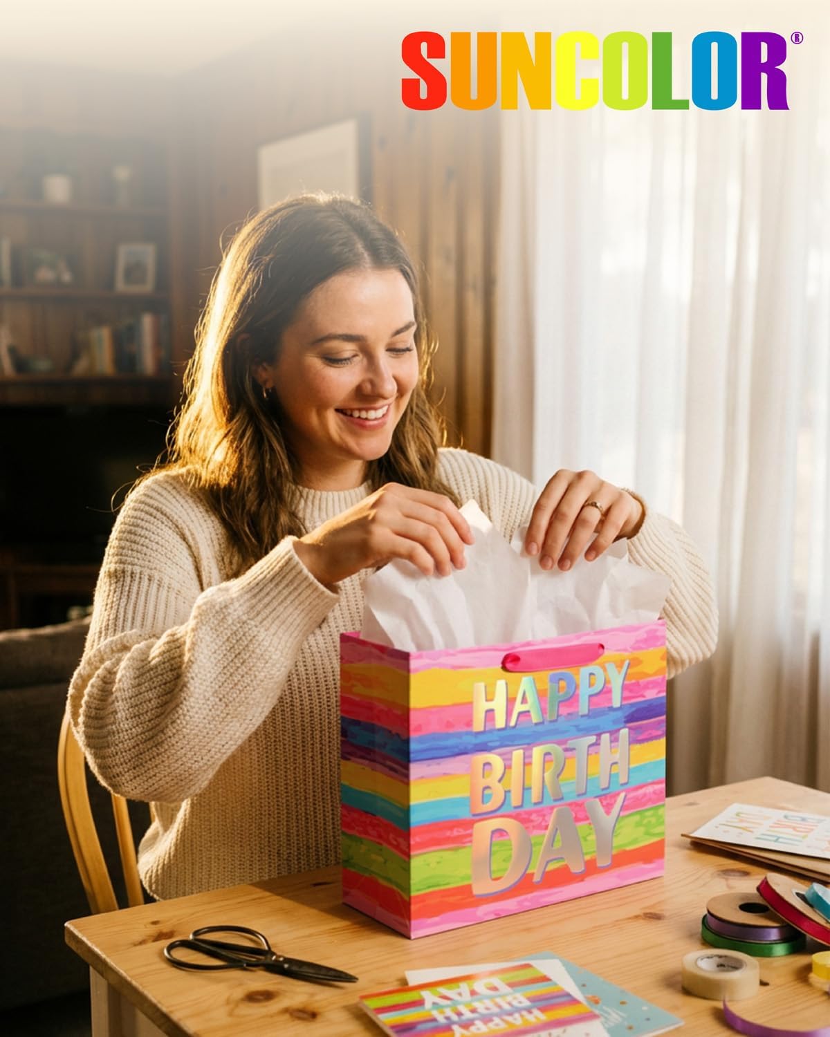 SUNCOLOR Large Happy Birthday Gift Bag with Tissue Paper & Card, 13 x 10.2 x 4.7 Inches Premium Paper Bag for Birthday, Kids', Women's & Mother's Gifts