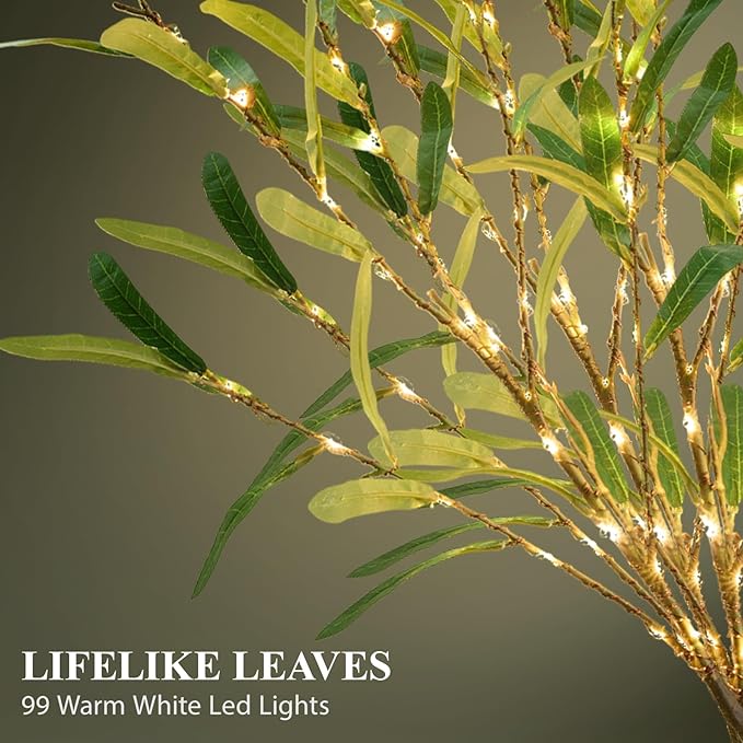 Olive Branches for Vases with Battery Operated Lights 33 Inches, 99LED Lighted Olive Tree Branches with Timer for Indoor Outdoor Spring Christmas Room Wedding Decoration
